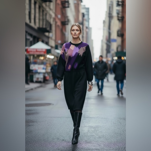 Vintage Dresses & Skirts - Adolfo Black  Vintage 1970s Abstract Knit Midi Sweater Dress